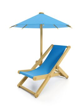 3d illustration: umbrella and folding chair, objects rest on the beach