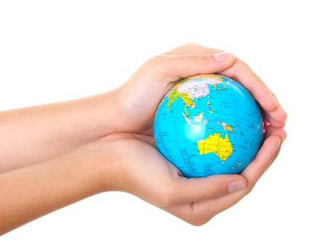 Earth in a children's hands isolated on white 
