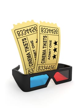 3d illustration: Tickets to the cinema and 3D glasses.