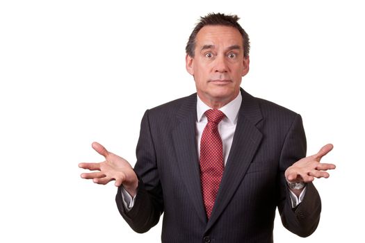 Attractive Middle Age Business Man with Surprised Expression and Open Hands Isolated