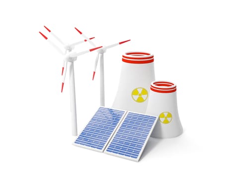 3d illustration: Mining enegrii, windy windmill and solar panels. Isolated image