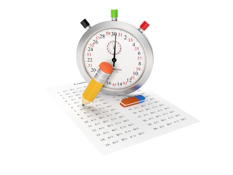 3d Illustration: Stopwatch and examination sheet. Passing the exam, questions and answers