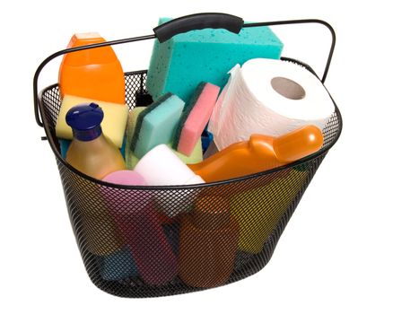 basket full of plastic bottles for cleaning supplies, lotion, soap, shampoo, sunscreen etc. isolated on white background. (A shopping) 