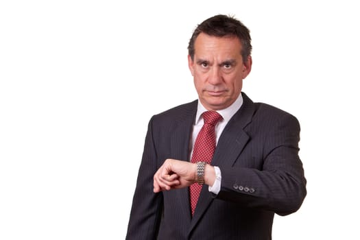 Frowning Angry Middle Age Business Man in Suit Looking at Time on Watch Isolated