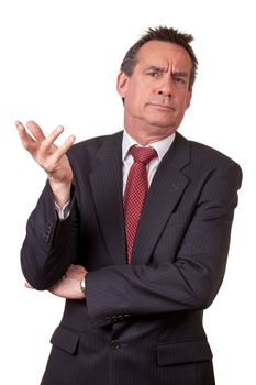 Attractive Middle Age Business Man in Suit with Annoyed Expression and Hand Raised Isolated