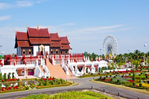 This is a view of ro yal flora expo 2011 ,can see giant flowheel and royal pavilion