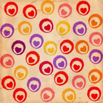 coloured hearts with circles on old paper