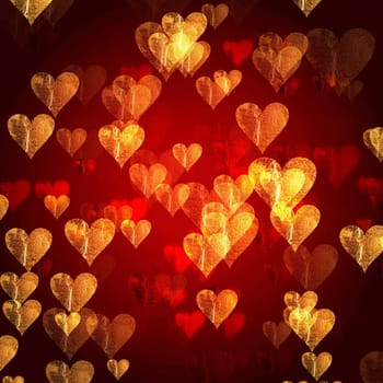 golden red hearts over red background with feather center