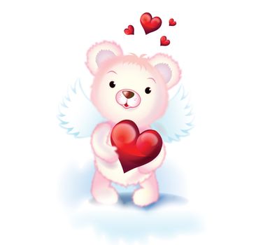 cute pink cupid bear with wings and red hearts