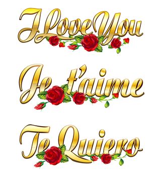 text I love you, Je t'aime and Te quiero with red roses