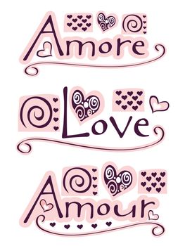 text amore, love and amour with hearts and ornaments