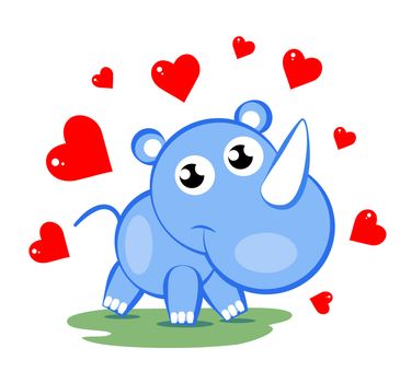 illustration of cute blue rhinoceros with red hearts