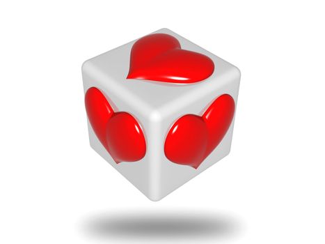 3d grey die with red hearts isolated