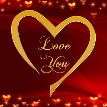 text love you in golden heart with shining hearts over red background