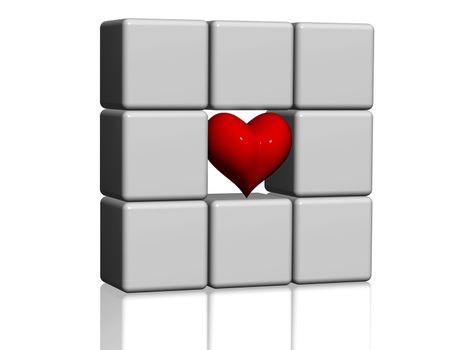 arranged 3d white-grey cubes with one red heart in the centre