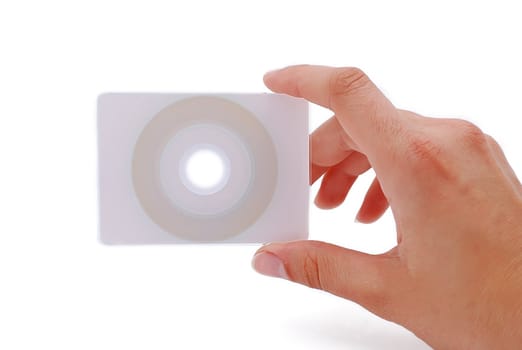 cd business card in his hand on a white background