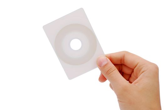 cd business card in his hand on a white background