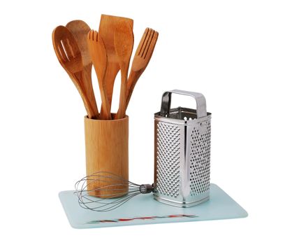 Kitchen Board, whisk, grater, and a set of wooden spatula
