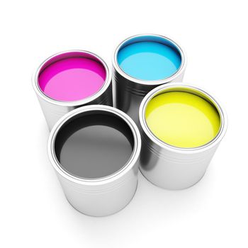 Printing technologies. CMYK colors, and four cans of paint on a white background