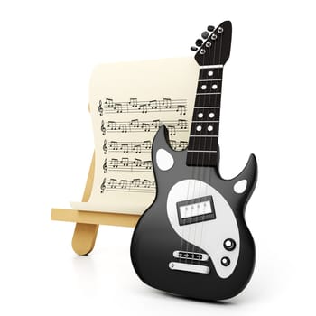 Graphic representation of a black electric guitar and a sheet with notes, icon, sign, symbol