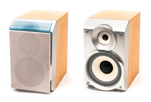 Small  wooden stereo speakers with tweeter and woofer