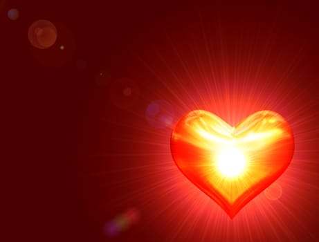 shining golden heart with rays of light over red background