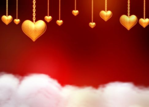 3d golden hearts with chains, stars and lights over red background with clouds