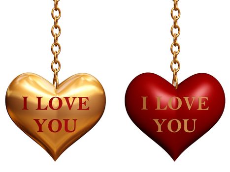 two golden and red 3d hearts with chains with text - I love you, isolated
