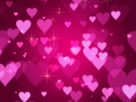 pink hearts and lights over violet background with feather center
