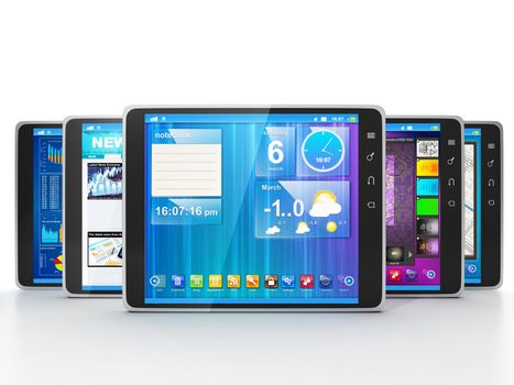 Group of Tablet Computers on white background frontally. Different applications for Tablet PCs