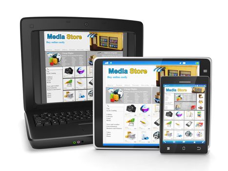 The group of mobile technology media store. Tablet PC, laptop and mobile phone buying goods online