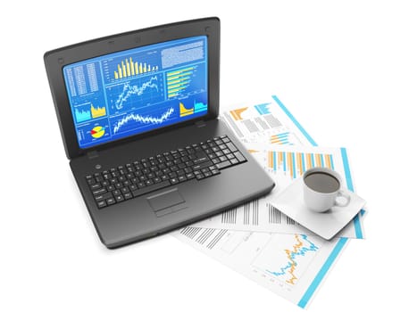 Laptop with business charts and group sheets with accounting