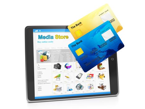 Tablet PC, payment for goods in the media store. Tablet computer and group of close-up of credit cards