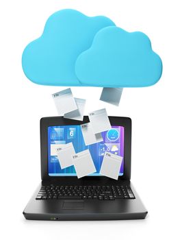 Cloud file storage technology. Cloud throws files on a laptop on a white background