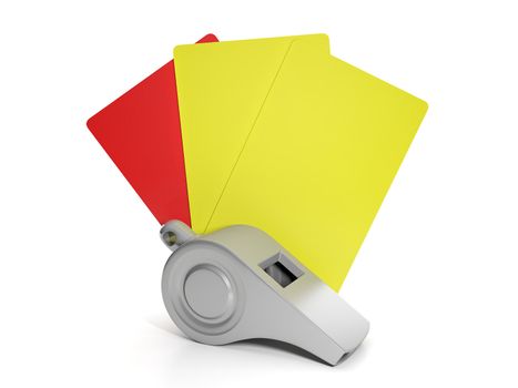 football violations. Whistle with red and yellow cards, the penalty for football violations