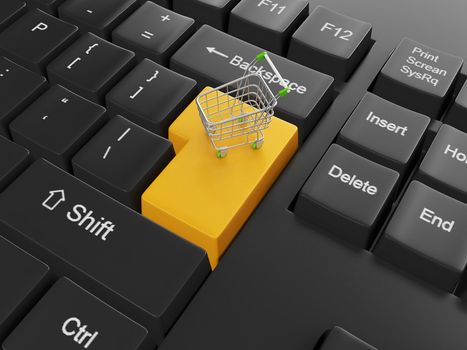 Purchase of goods through online store. Keyboard with a cart on the enter button to buy the right product