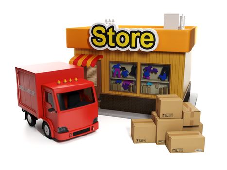 3d illustration: Sale and purchase. Shop and cardboard boxes and shipping