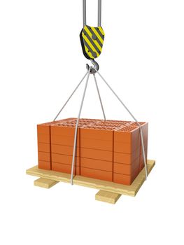 3d illustration: Construction and maintenance. Crane and a group of bricks