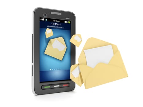 3d illustration: Concept mobile phone and tehnoogii. Sending SMS messages to your phone