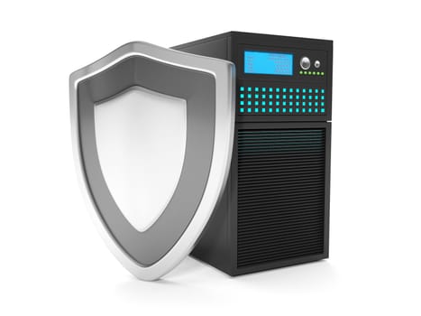 3d illustration: Virus protection servers. Server and silver shield