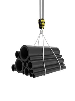 3d illustration: Construction Materials. The hook of the crane, and the group of pipes, lifting