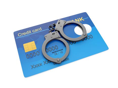 3d illustration: robbery of money from your credit card. Handcuffs and a credit card