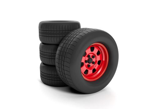3d illustration: A group of car wheels. Repair replacement of wheels