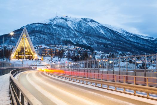 Tromso Arctic Cathedral Church in Norway at dusk twilight