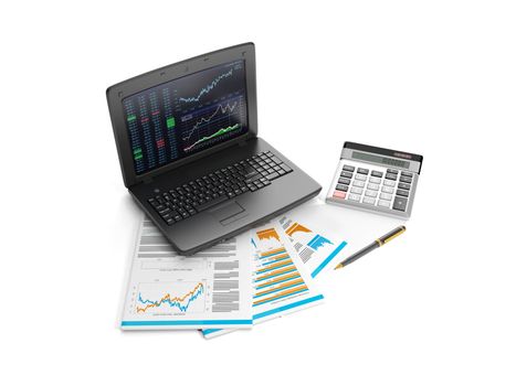 3d illustration: Notebook, calculator and business lists. Accounting data analysis. business Idea