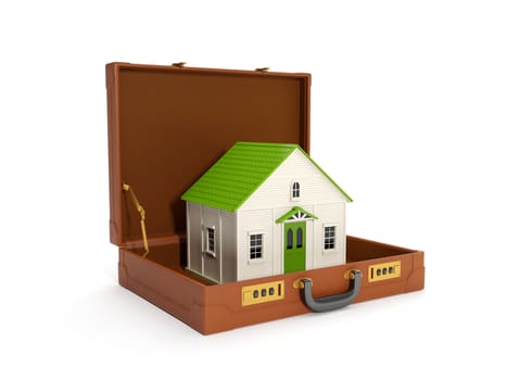 3d illustration: leather briefcase and a toy house. Solve problems with zhelem