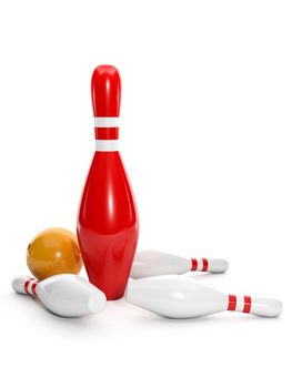 3d illustration: One big red pin and bowling ball