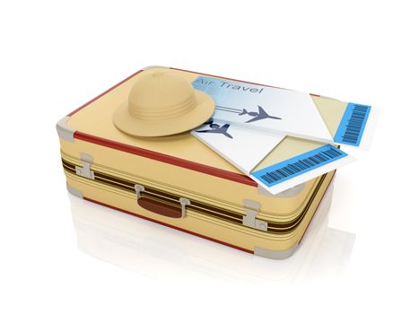 3� illustration: Travel rest from work. Tickets aboard the plane and suitcases on a white background