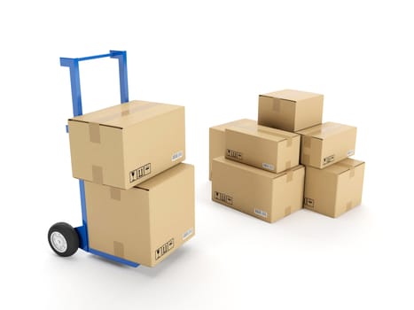 3d illustration: Delivery of possession of the goods. Trolley with a group of cardboard boxes on a white background
