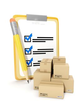 3d illustration: accounting of goods, storage of goods. Notepad and pencil on a white background